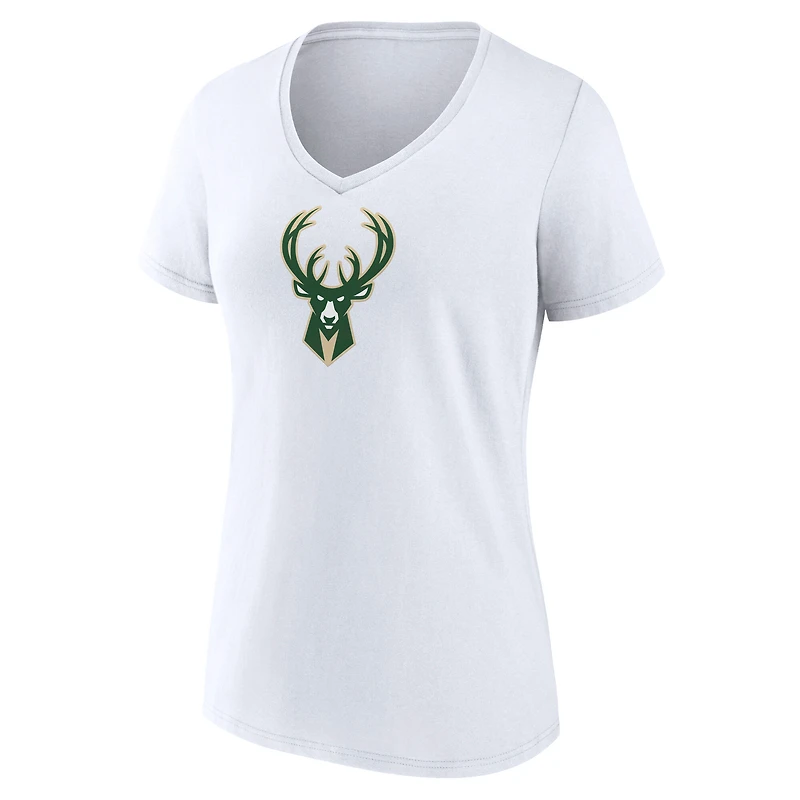 Women's  White Milwaukee Bucks Primary Logo V-Neck T-Shirt