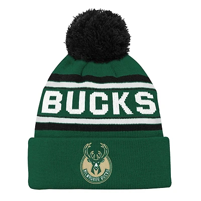 Bonnet en tricot à revers jacquard avec pompon pour jeunes Milwaukee Bucks Hunter Green