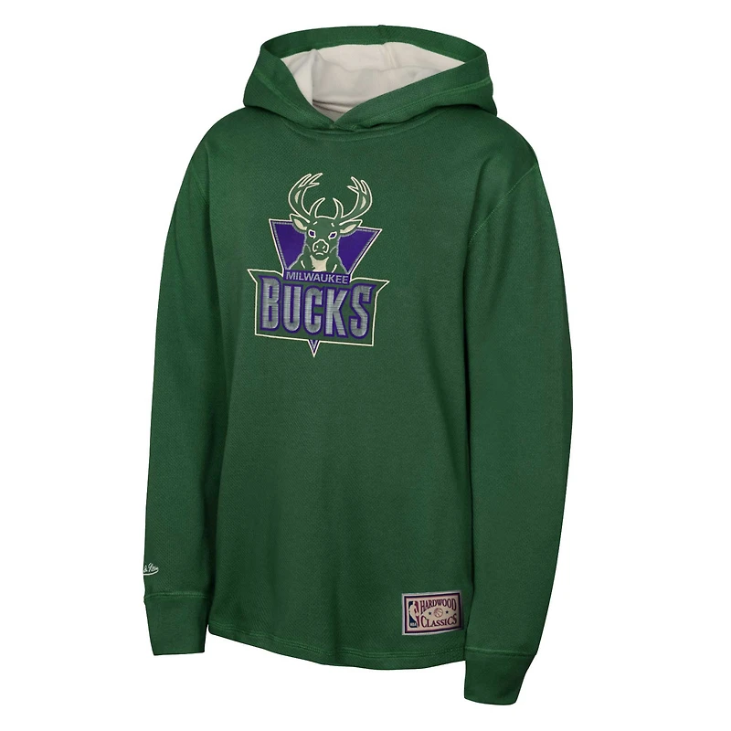 T-shirt à capuche thermique léger manches longues pour jeunes Mitchell & Ness Green Milwaukee Bucks Hardwood Classics