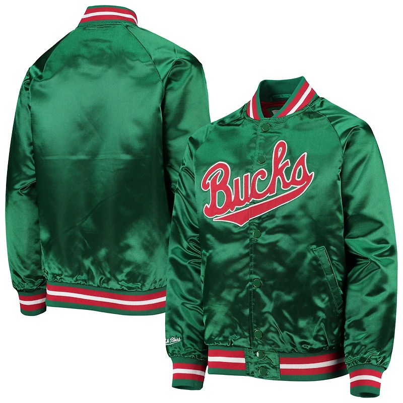 Veste Mitchell & Ness Hardwood Classics verte pour enfant, style raglan satiné, à boutons-pression, Milwaukee Bucks.