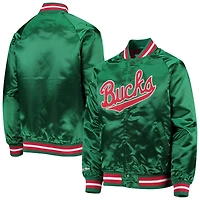 Veste Mitchell & Ness Hardwood Classics verte pour enfant, style raglan satiné, à boutons-pression, Milwaukee Bucks.