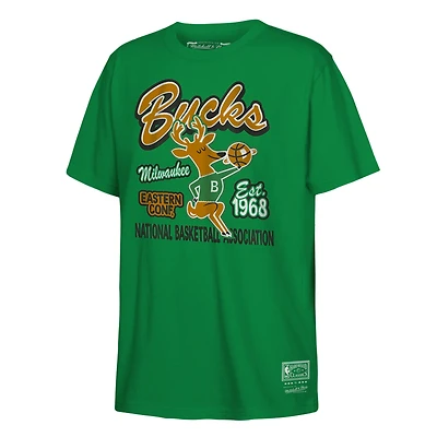 Youth Mitchell & Ness Kelly Green Milwaukee Bucks Retro Mascot Script T-Shirt