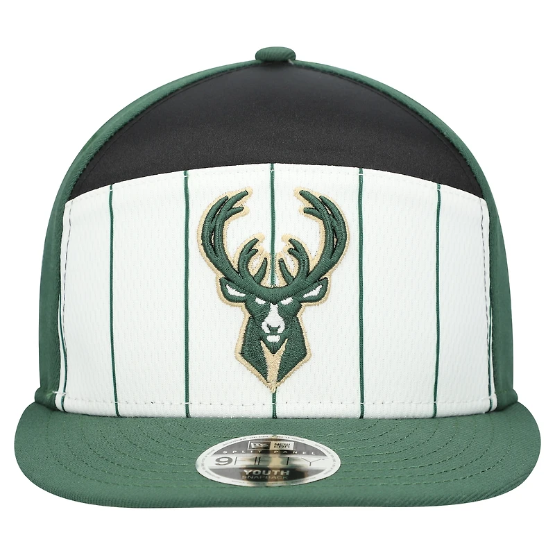 Youth New Era White/Hunter Green Milwaukee Bucks 2025 NBA Tip Off Split Panel 9FIFTY Snapback Hat