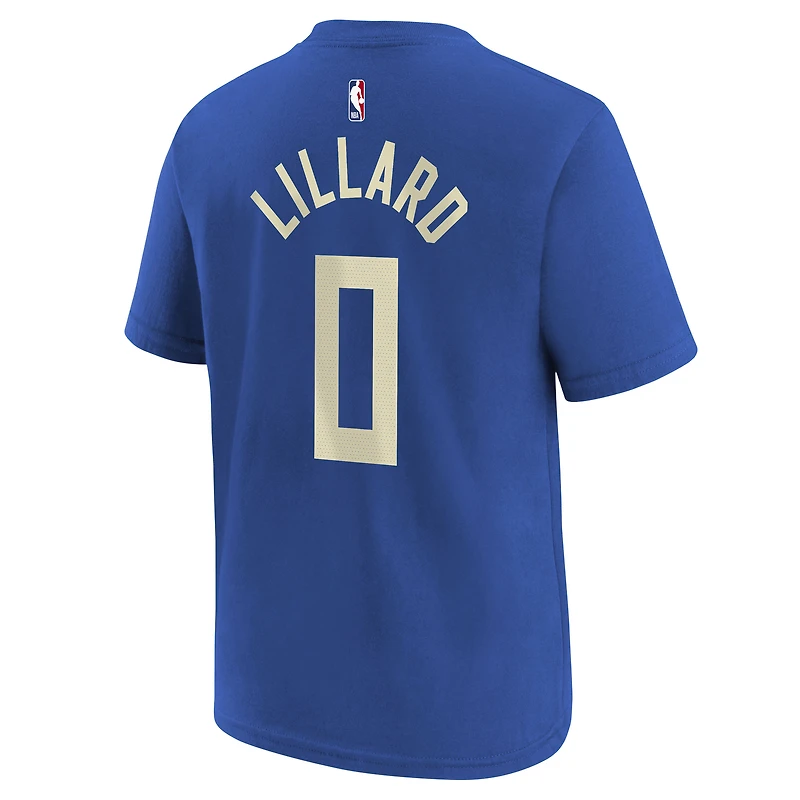 T-shirt Nike Royal Milwaukee Bucks 2024/25 City Edition avec nom et numéro pour jeune Damian Lillard