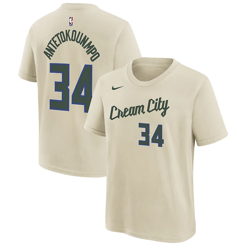 Youth Nike Giannis Antetokounmpo Cream Milwaukee Bucks 2025/26 City Edition Name & Number T-Shirt