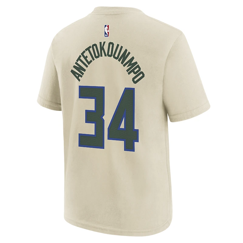 T-shirt Nike Giannis Antetokounmpo crème Milwaukee Bucks édition City 2025/26 pour enfant, avec nom et numéro