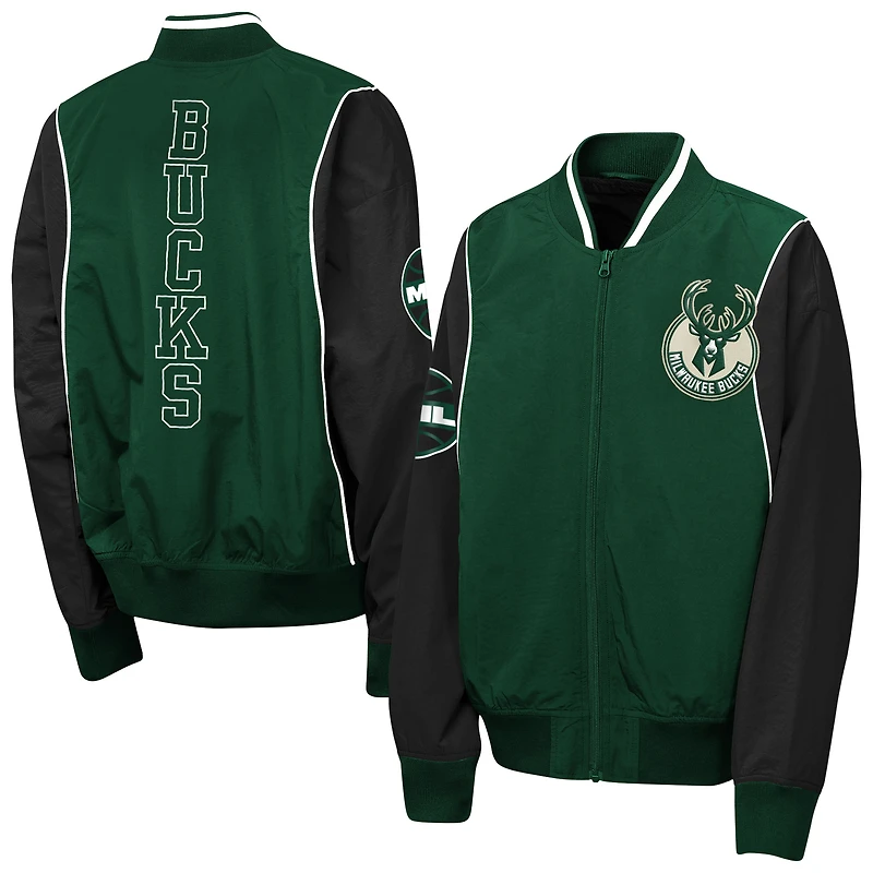 Youth Outerstuff Hunter Green/Black Milwaukee Bucks Two-Pointer Full-Zip Windbreaker