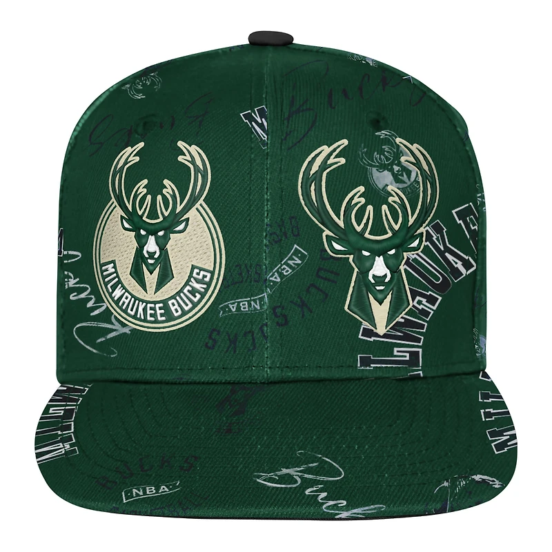 Youth Outerstuff Hunter Green Milwaukee Bucks Street Hooper Allover Print Snapback Hat