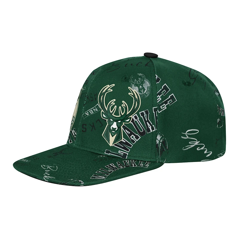 Youth Outerstuff Hunter Green Milwaukee Bucks Street Hooper Allover Print Snapback Hat