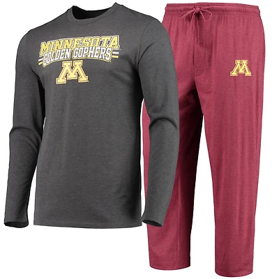 Ensemble pyjama Concepts Sport pour homme, haut à manches longues et pantalon, coloris bordeaux/gris chiné Minnesota Golden Gophers.