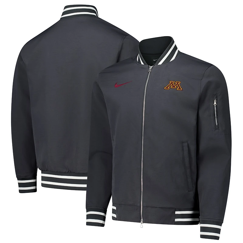 Veste aviateur entièrement zippée Nike Anthracite Minnesota Golden Gophers pour homme