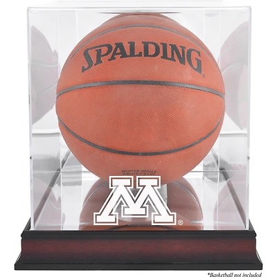 Vitrine de présentation pour ballon de basket Minnesota Golden Gophers, finition acajou antique, avec fond miroir.