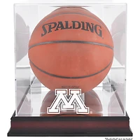 Vitrine de présentation pour ballon de basket Minnesota Golden Gophers, finition acajou antique, avec fond miroir.