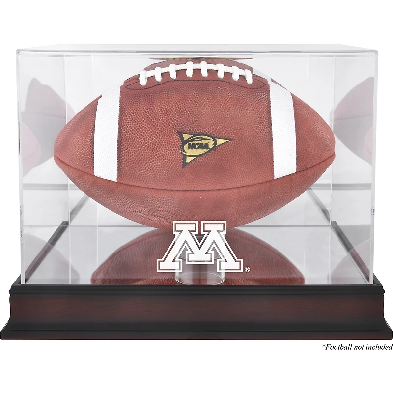 Vitrine pour ballon de football américain Minnesota Golden Gophers, en acajou, avec logo et fond miroir.