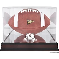 Vitrine pour ballon de football américain Minnesota Golden Gophers, en acajou, avec logo et fond miroir.