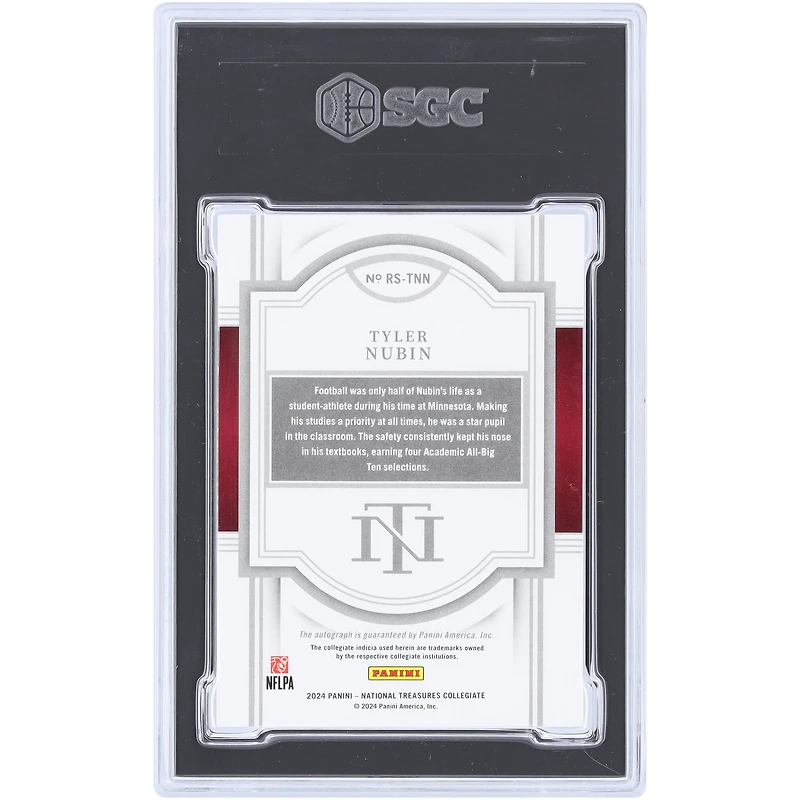 Tyler Nubin Minnesota Golden Gophers Autographed 2024 Panini National Treasures Collegiate Platinum Rookie Signatures #RS-TNN #1/1 SGC Authenticated 9/10 Rookie Card