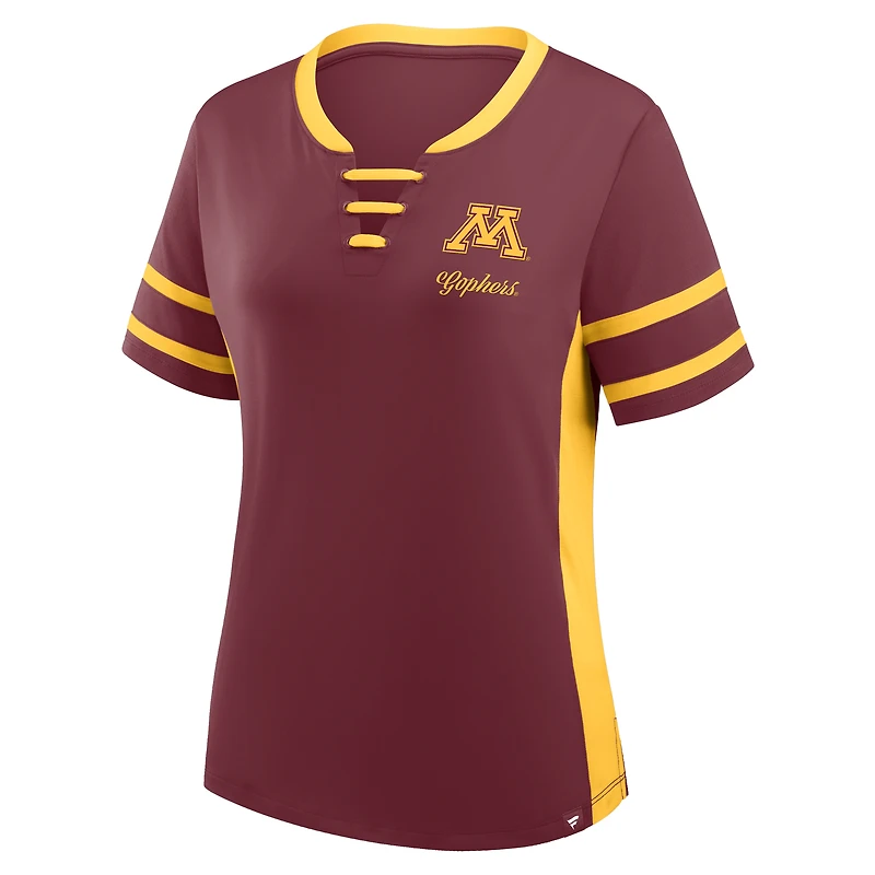 T-shirt à lacets Fanatics Athena pour femme, bordeaux/or, des Golden Gophers du Minnesota, Be Fearless