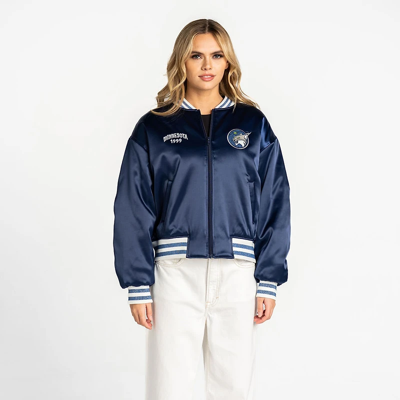 Women's The Wild Collective Blue Minnesota Lynx Oversized Cropped Satin Full-Zip Bomber Jacket