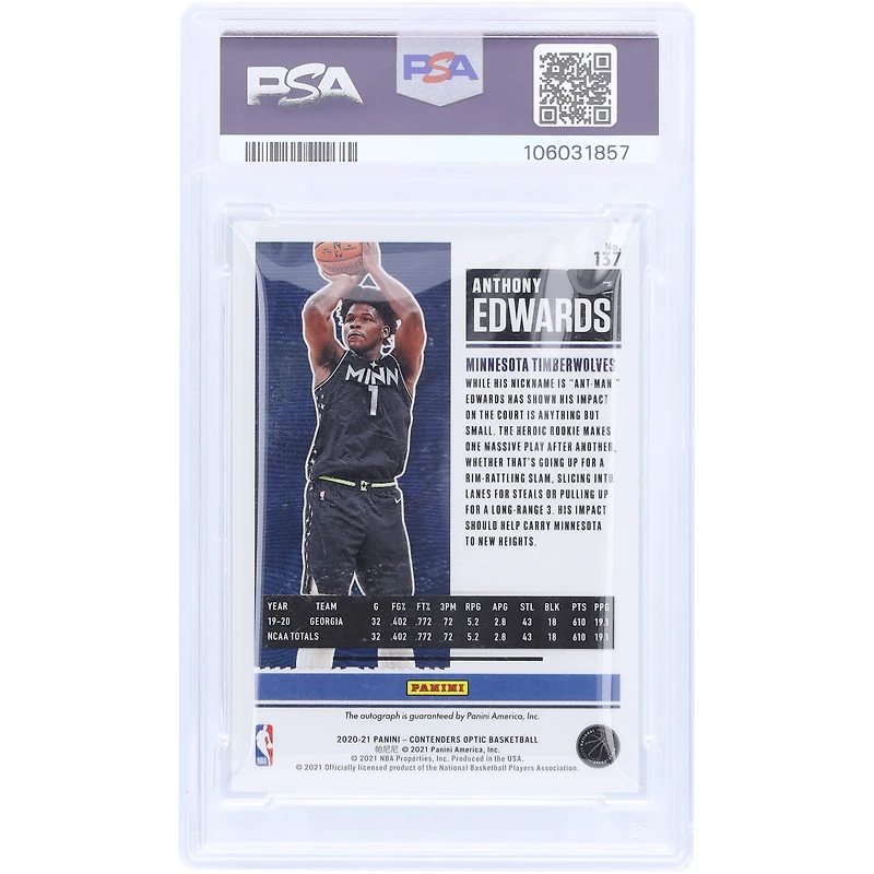 Anthony Edwards Minnesota Timberwolves Carte Rookie Authentifiée 9 Panini Contenders Optic Silver Prizm #137 2020-21 autographiée PSA