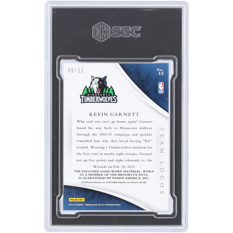 Kevin Garnett Minnesota Timberwolves 2014-15 Panini Immaculate Collection Logo de l'équipe Matériaux 2 Couleur Relic #15 #5/12 SGC Authentifié 9 Carte
