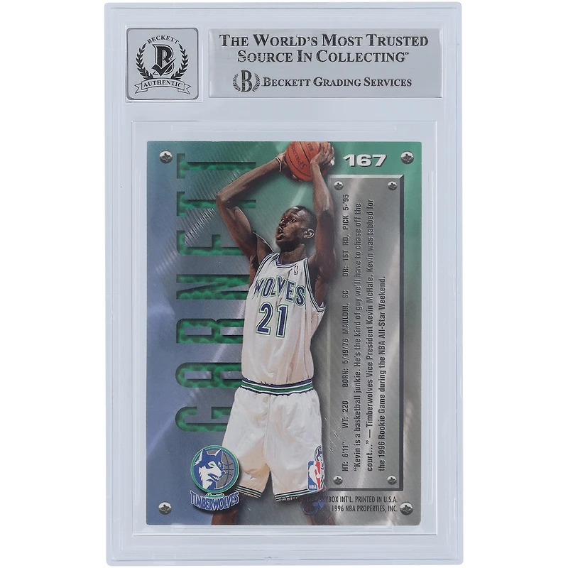 Kevin Garnett Minnesota Timberwolves Autographié 1995-96 Skybox Meta #167 Beckett Fanatics Witnessed Authenticated 10 Rookie Card