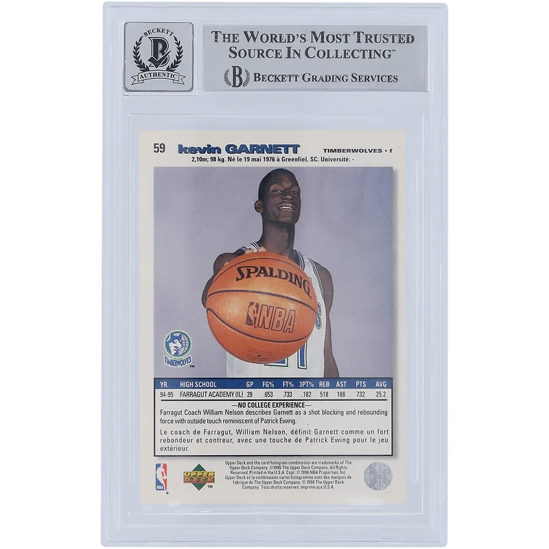 Kevin Garnett Minnesota Timberwolves Autographié 1996 Upper Deck Collector's Choice International French II #59 Beckett Fanatics Witnessed Authenticated 10 Rookie Card