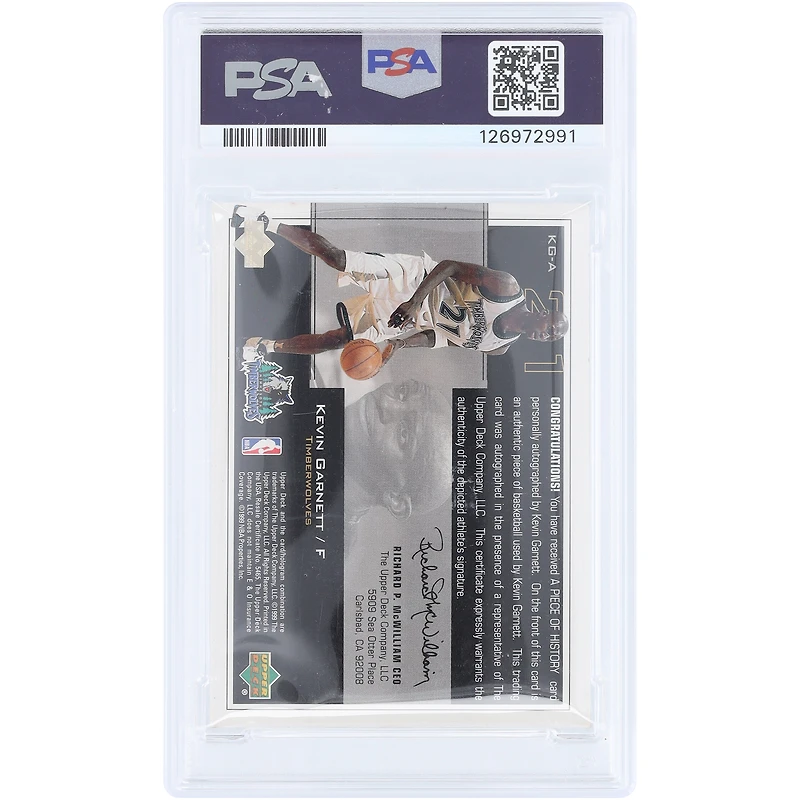 Kevin Garnett Minnesota Timberwolves Autographed 1999 Upper Deck Ovation A Piece of History Game Used Basketball Relic #KG-A #3/21 PSA Authenticated 6 Card