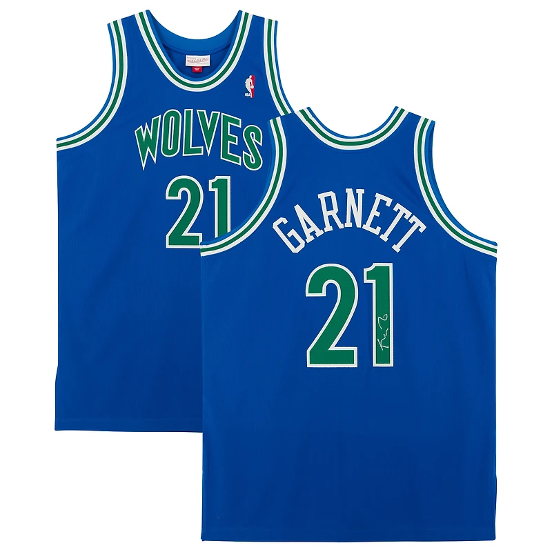 Maillot authentique Mitchell et Ness bleu autographié par Kevin Garnett des Minnesota Timberwolves 1995-96