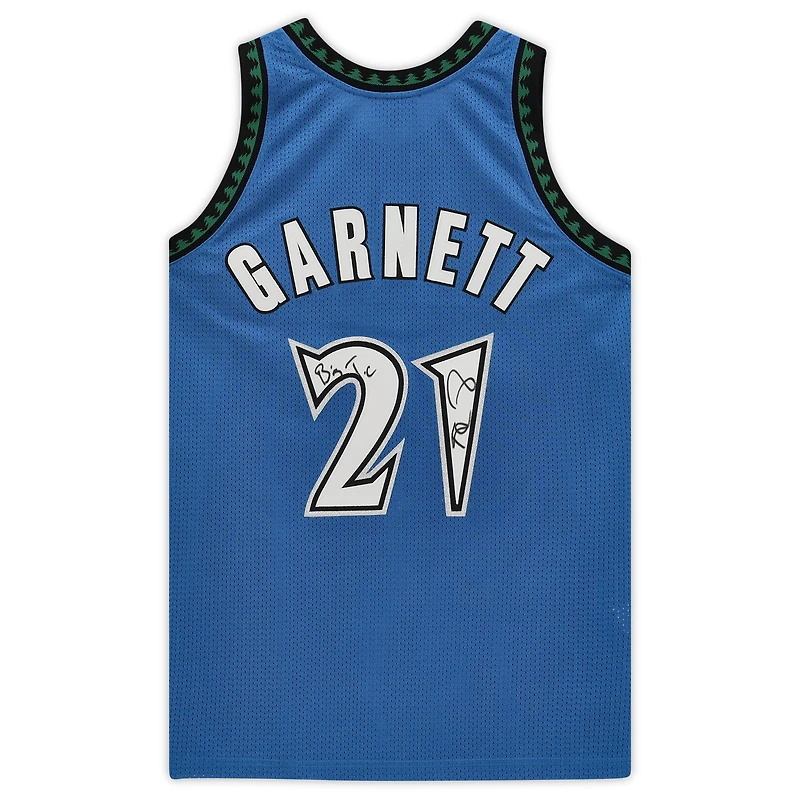 Maillot authentique bleu autographié par Kevin Garnett des Minnesota Timberwolves avec Mitchell & Ness et inscription « Big Ticket »