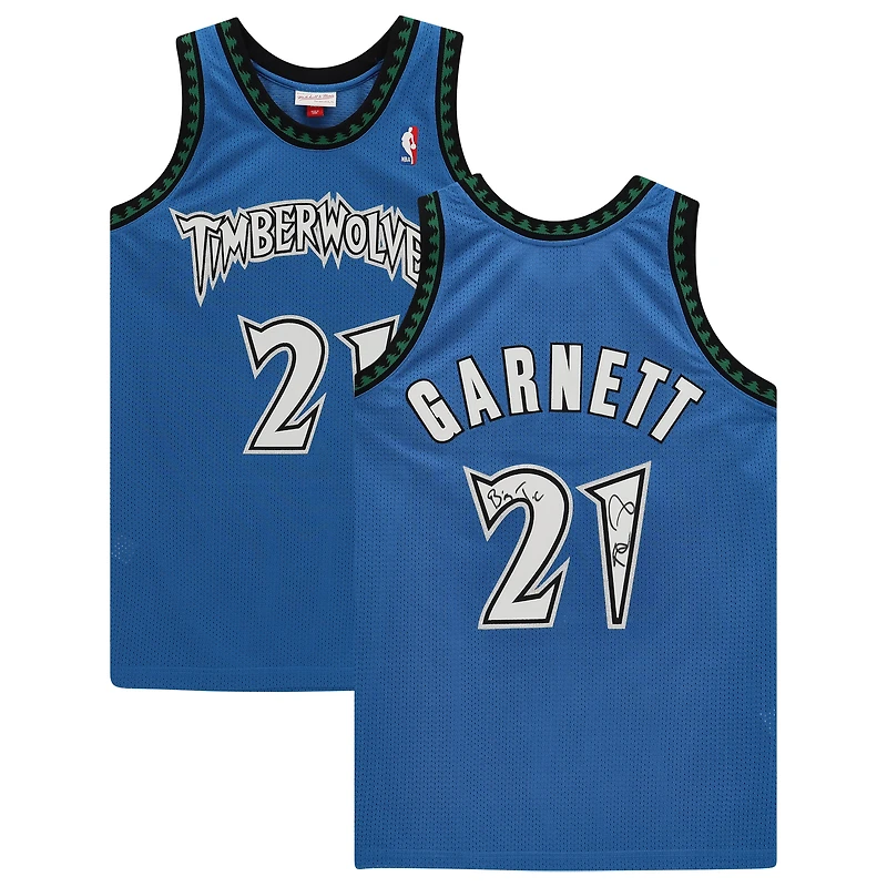 Maillot authentique bleu autographié par Kevin Garnett des Minnesota Timberwolves avec Mitchell & Ness et inscription « Big Ticket »