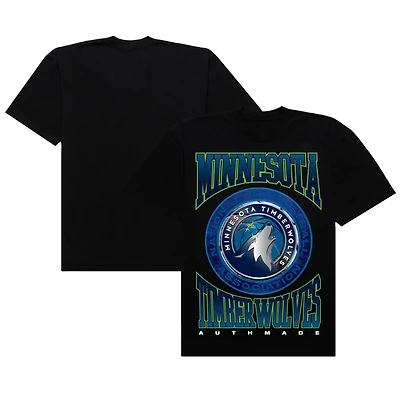 T-shirt épais noir vintage en métal pour homme, fabriqué à la main par les Timberwolves du Minnesota.
