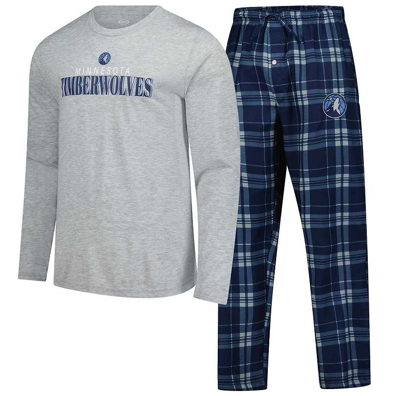 Ensemble t-shirt à manches longues et pantalon carreaux bleu marine Minnesota Timberwolves pour homme Concepts Sport
