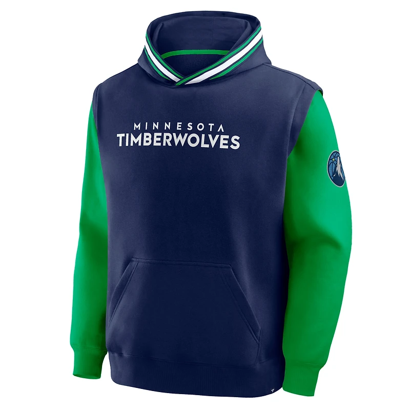 Sweat à capuche Fanatics bleu marine/vert pour homme, Minnesota Timberwolves, avec horloge de tir en demi-terrain et contre-attaque rapide