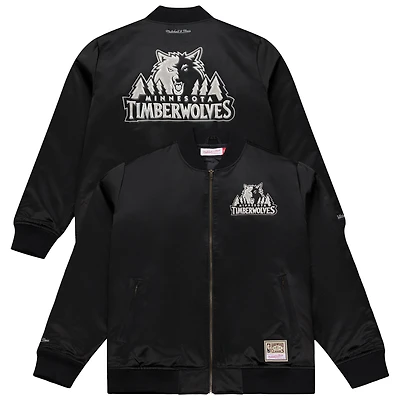 Veste bomber zippée Mitchell & Ness noire Minnesota Timberwolves en satin chromé pour homme