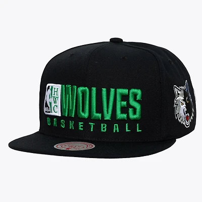 Casquette snapback Mitchell & Ness Hardwood Classics Old School à texte empilé, noire, pour homme, Minnesota Timberwolves