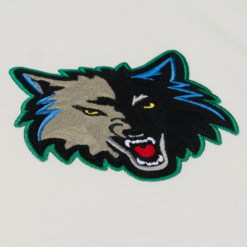 Men's Mitchell & Ness Cream Minnesota Timberwolves Hardwood Classics Chainstitch Premium T-Shirt