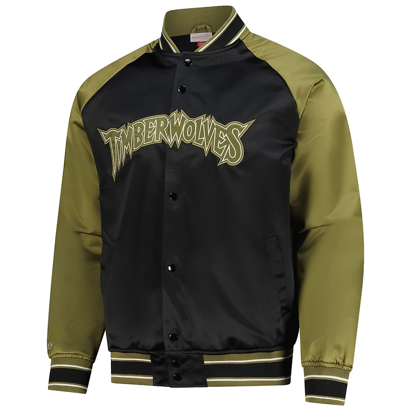 Men's Mitchell & Ness Olive/Black Minnesota Timberwolves Clutch Satin Raglan Full-Snap Jacket
