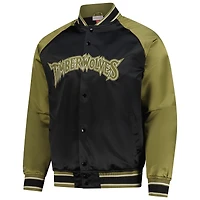 Men's Mitchell & Ness Olive/Black Minnesota Timberwolves Clutch Satin Raglan Full-Snap Jacket