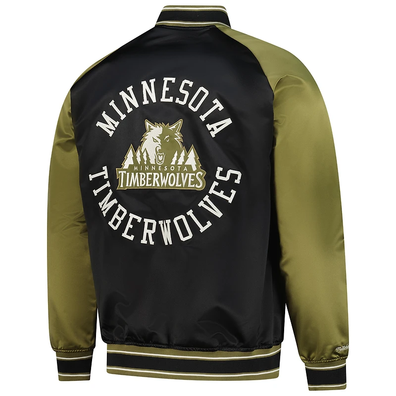 Men's Mitchell & Ness Olive/Black Minnesota Timberwolves Clutch Satin Raglan Full-Snap Jacket