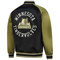 Men's Mitchell & Ness Olive/Black Minnesota Timberwolves Clutch Satin Raglan Full-Snap Jacket