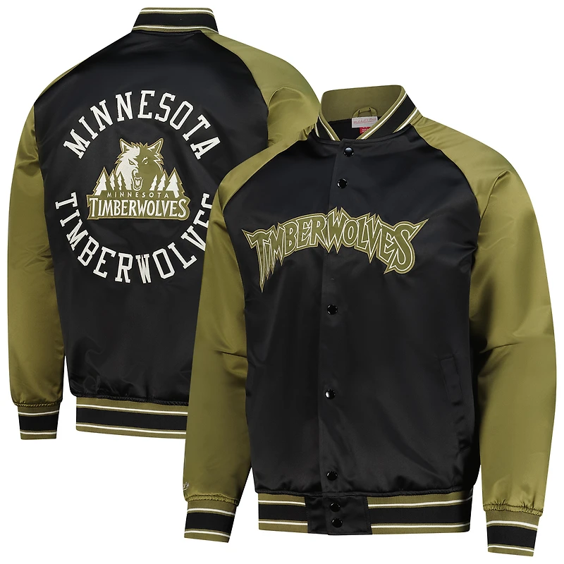 Veste Mitchell & Ness olive/noire Minnesota Timberwolves Clutch Satin Raglan Full-Snap pour homme