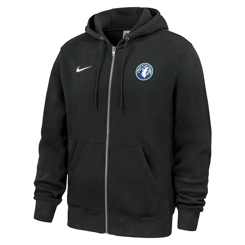Sweat à capuche zippé Nike Club Fleece Minnesota Timberwolves noir pour homme