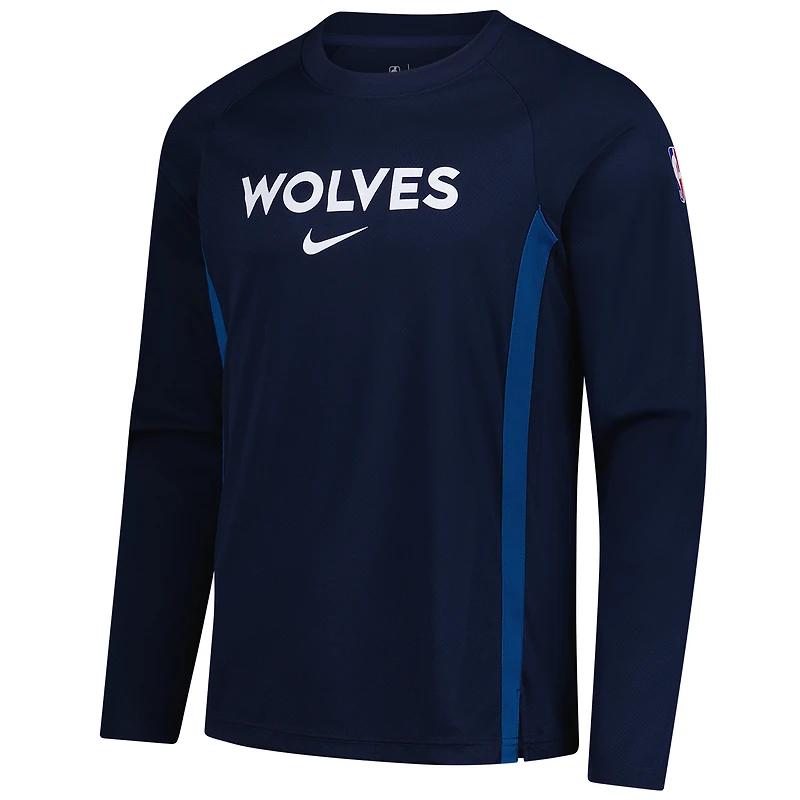 Maillot de tir Nike bleu marine Minnesota Timberwolves 2025/26 Authentic Pre-Game Legend Dri-FIT à manches longues pour homme