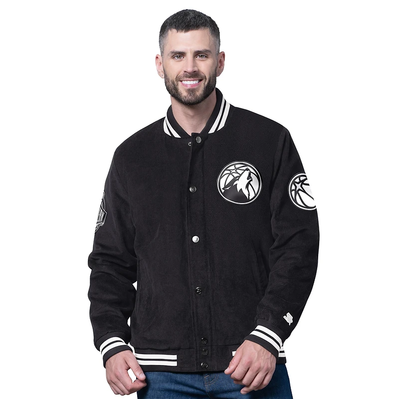 Men's Starter Black Minnesota Timberwolves Blackout Corduroy Full-Snap Varsity Jacket