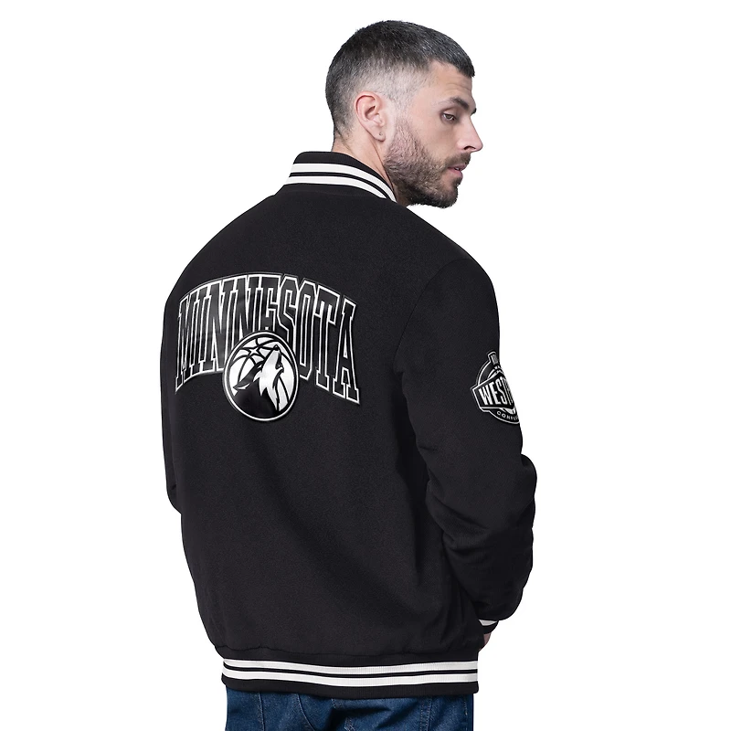 Men's Starter Black Minnesota Timberwolves Blackout Corduroy Full-Snap Varsity Jacket