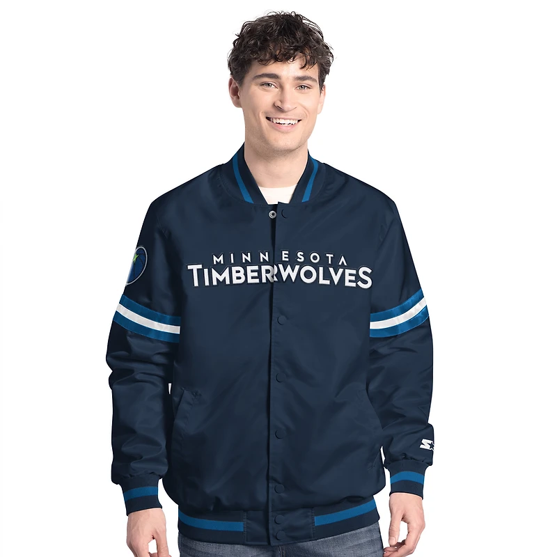 Men's Starter Navy/Blue Minnesota Timberwolves Scout Full Snap Varsity Jacket