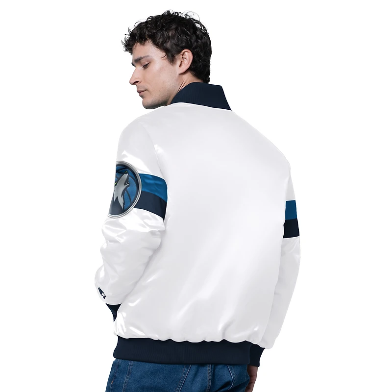 Veste blanche Starter pour homme des Minnesota Timberwolves Triple Option Varsity en satin à boutons-pression