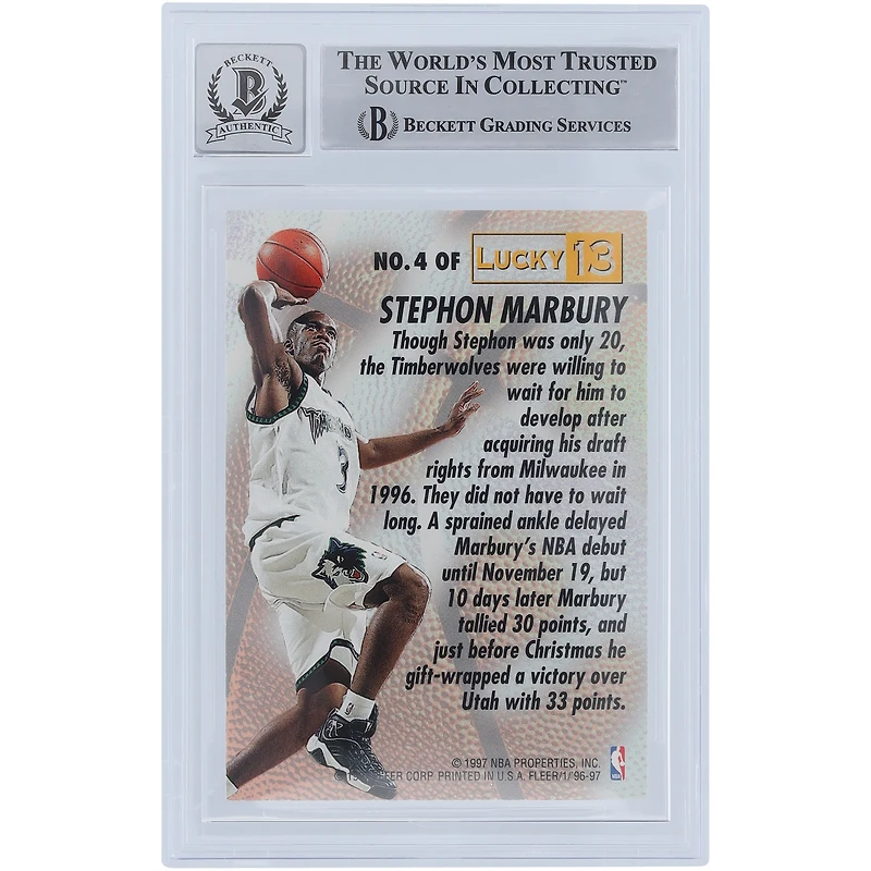 Carte de recrue autographiée 1996-97 Fleer Lucky 13 #4 Beckett Fanatics Witnessed Authenticated 10 Rookie par Stephon Marbury des Minnesota Timberwolves
