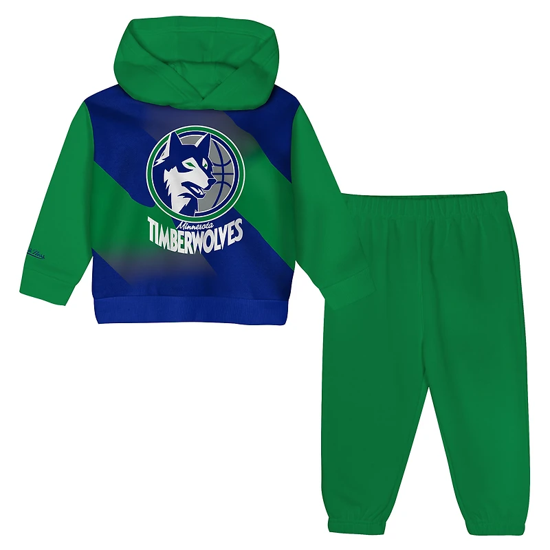 Toddler Mitchell & Ness Blue/Green Minnesota Timberwolves Big Face Oversized Pullover Hoodie Pants Set