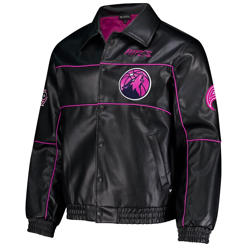 Veste unisexe en similicuir noir The Wild Collective Minnesota Timberwolves City Edition à boutons-pression